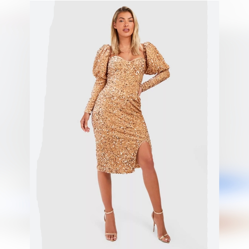 Boohoo Gold Sequin New Years Eve Puff Sleeve Midi Party Dress USA Size 4